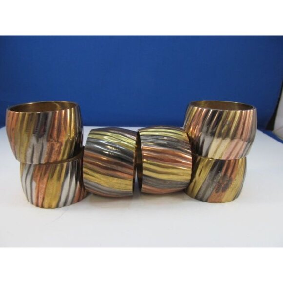 Vintage Brass Copper Silver Ribbed Napkin Ring Holders Set of 6 - Picture 11 of 13